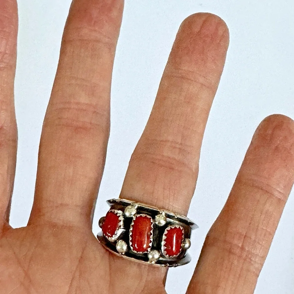 Red Coral Wedding Band Ring Sz 11 Navajo 13mm Native American Dark Sterling Mens